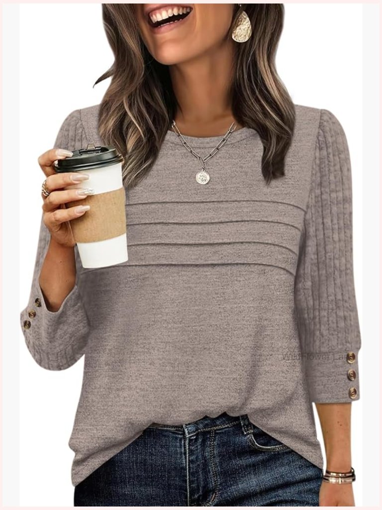 3/4 Sleeve Tunic Tops Dressy Casual Blouses Lightweight Sweater Button Down